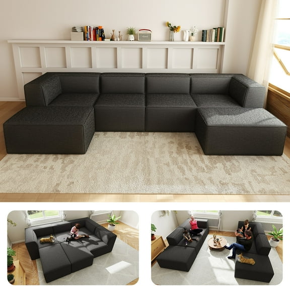 Koby Home Sectional Compressed Sofa Set 6pcs Chenille Couches for Living Room Color Black