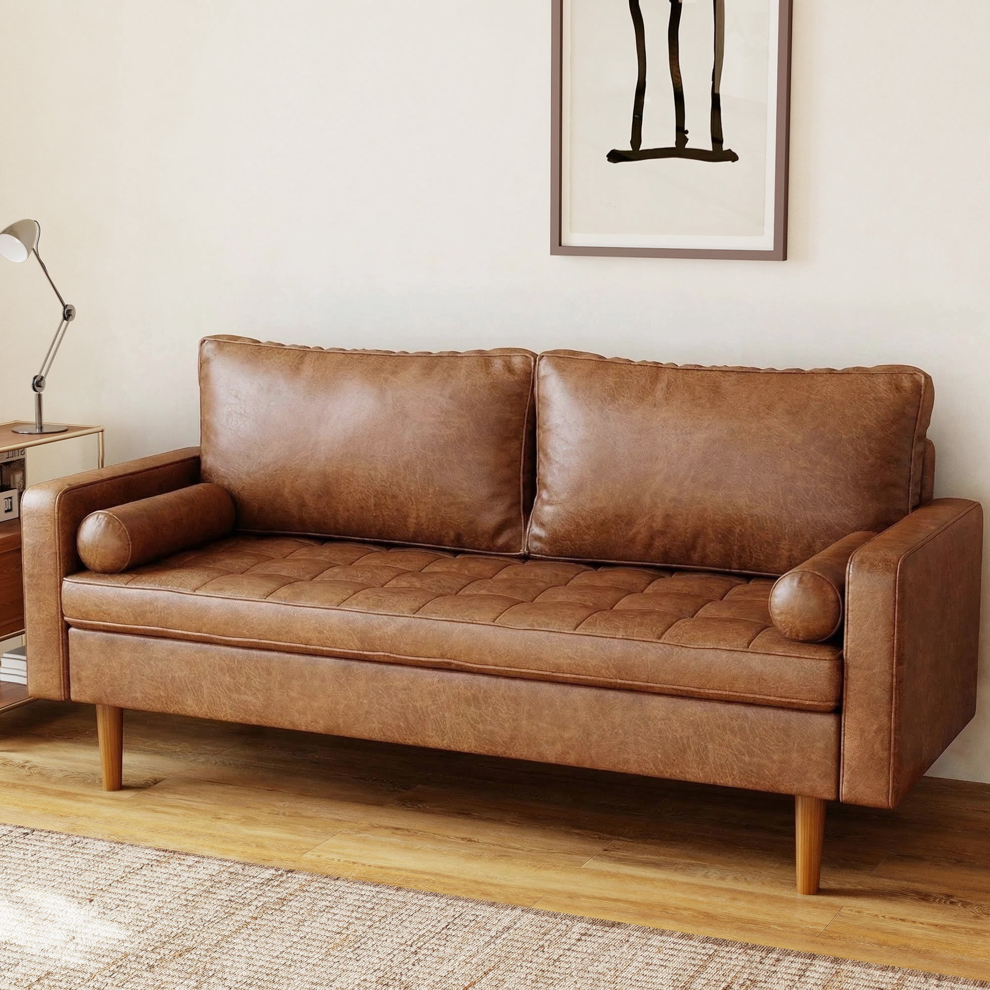 Koby Home 70" Loveseat Sofa with Wood Frame, Mid Century Modern Couch 2 Seater, Faux Leather Love Seat for Small Spaces Brown