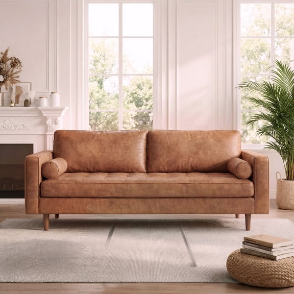 Koby Home 70" Loveseat Sofa with Wood Frame, Mid Century Modern Couch 2 Seater, Faux Leather Love Seat for Small Spaces Brown