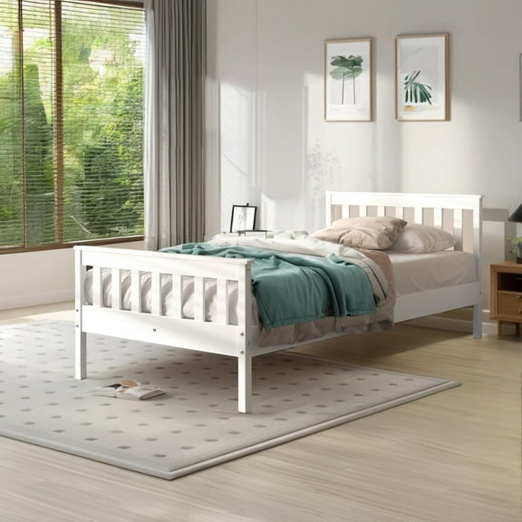 Koby Home Twin Solid Wood Platform Bed with Headboard & Footboard,13 Wood Slats Support Wooden Platform,Farmhouse Style Bed Frame for Teens & Adults