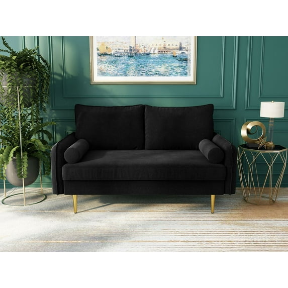 Koby Home's Collection Aspen Transitional Loveseat, Upholstered in Performance Velvet with Round Arms, Cushion Back, and Metal Legs, 2-Seater for Small Space, Charcoal Black Color