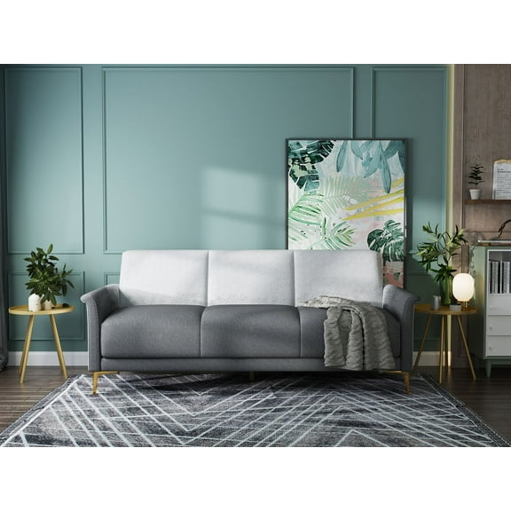 Koby Home's Collection Derby Transitional Futon Sofa with Foldable Tables, Upholstered in Poly-inspired Linen with Flared Arms, Golden Metal Legs, Tight Seat and BackLiving Room Couch Furniture