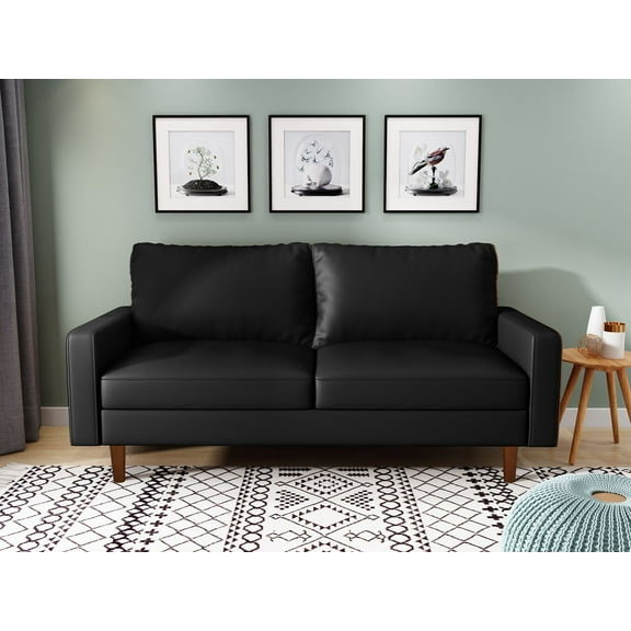 Koby Home's Collection Luca Modern Futon Sofa, Upholstered in Faux Leather with Track Arms, Cushion Back, and Wooden Legs, Living Room Furniture, Metallic Black Color