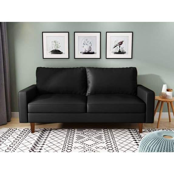 Koby Home's Collection Luca Modern Futon Sofa, Upholstered in Faux Leather with Track Arms, Cushion Back, and Wooden Legs, Living Room Furniture, Metallic Black Color