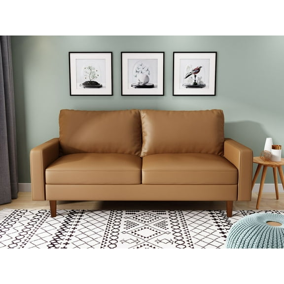 Koby Home's Collection Luca Modern Futon Sofa, Upholstered in Faux Leather with Track Arms, Cushion Back, and Wooden Legs, Living Room Furniture, Tan Brown Color