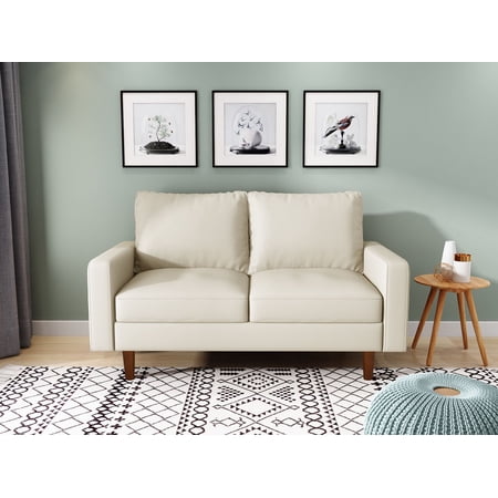 Koby Home's Collection Luca Modern Loveseat, Upholstered in Faux Leather with Track Arms, Cushion Back, and Wooden Legs, 2-Seater for Small Space, Soft White Color
