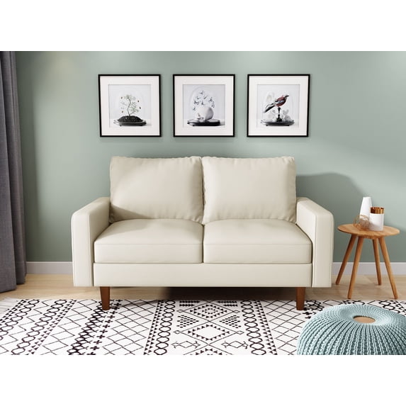 Koby Home's Collection Luca Modern Loveseat, Upholstered in Faux Leather with Track Arms, Cushion Back, and Wooden Legs, 2-Seater for Small Space, Soft White Color