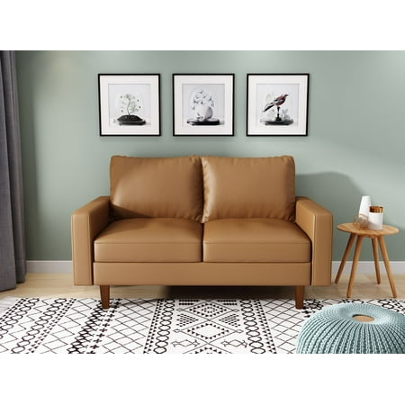 Koby Home's Collection Luca Modern Loveseat, Upholstered in Faux Leather with Track Arms, Cushion Back, and Wooden Legs, 2-Seater for Small Space, Tan Brown Color