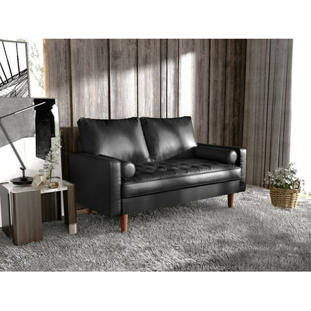 Koby Home's Collection Stanley Modern Button-tufted Loveseat, Upholstered in Faux Leather with Track Arms, Cushion Back, and Wooden Legs, 2-Seater for Small Space, Metallic Black Color