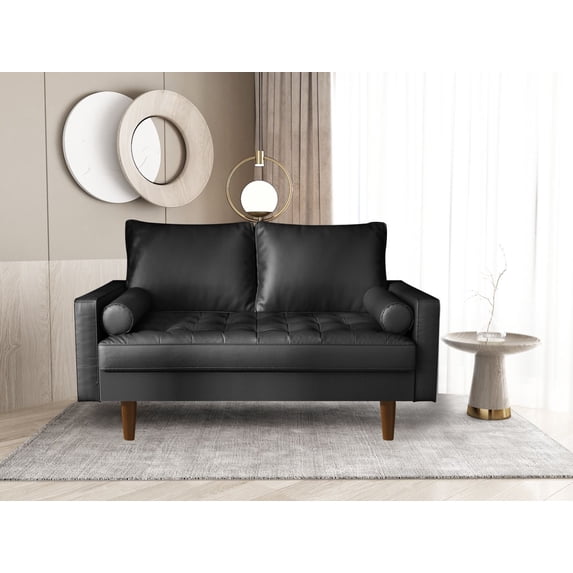 Koby Home's Collection Stanley Modern Button-tufted Loveseat, Upholstered in Faux Leather with Track Arms, Cushion Back, and Wooden Legs, 2-Seater for Small Space, Metallic Black Color