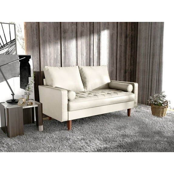 Koby Home's Collection Stanley Modern Button-tufted Loveseat, Upholstered in Faux Leather with Track Arms, Cushion Back, and Wooden Legs, 2-Seater for Small Space, Soft White Color