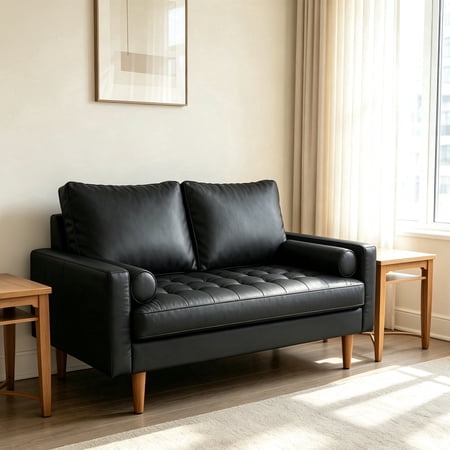 Meeyar 58'' Mid-Century 2-Seater Faux Leather Loveseat, Button Tufted Small Space Sofa, Metallic Black