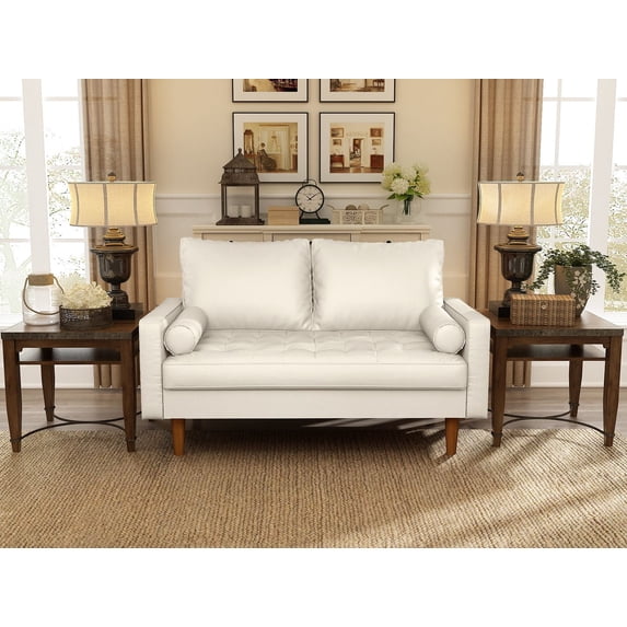 Koby Home's X Collection Stanley Modern Button-tufted Loveseat, Upholstered in Faux Leather with Track Arms, Cushion Back, and Wooden Legs, 2-Seater for Small Space, Soft White Color