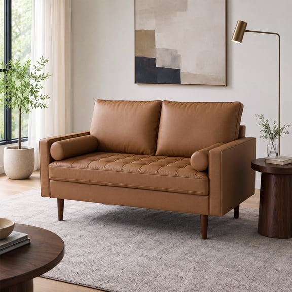 Koby Home's X Collection Stanley Modern Button-tufted Loveseat, Upholstered in Faux Leather with Track Arms, Cushion Back, and Wooden Legs, 2-Seater for Small Space, Tan Brown Color