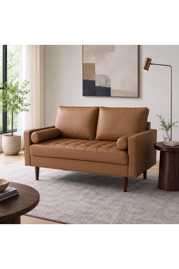 's X Collection Stanley Modern Button-tufted Loveseat, Upholstered in Faux Leather with Track Arms, Cushion Back, and Wooden Legs, 2-Seater for Small Space, Tan Brown Color