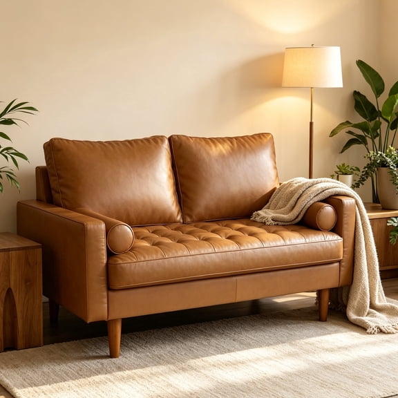 Koby Home's X Collection Stanley Modern Button-tufted Loveseat, Upholstered in Faux Leather with Track Arms, Cushion Back, and Wooden Legs, 2-Seater for Small Space, Tan Brown Color