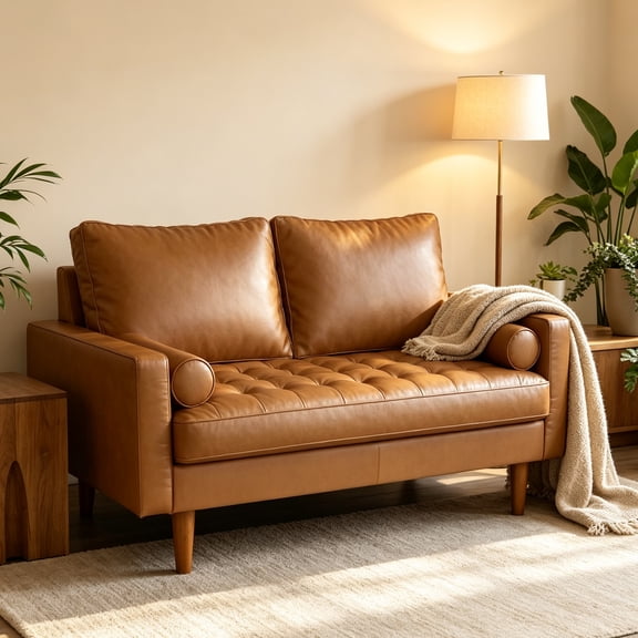 Koby Home's X Collection Stanley Modern Button-tufted Loveseat, Upholstered in Faux Leather with Track Arms, Cushion Back, and Wooden Legs, 2-Seater for Small Space, Tan Brown Color