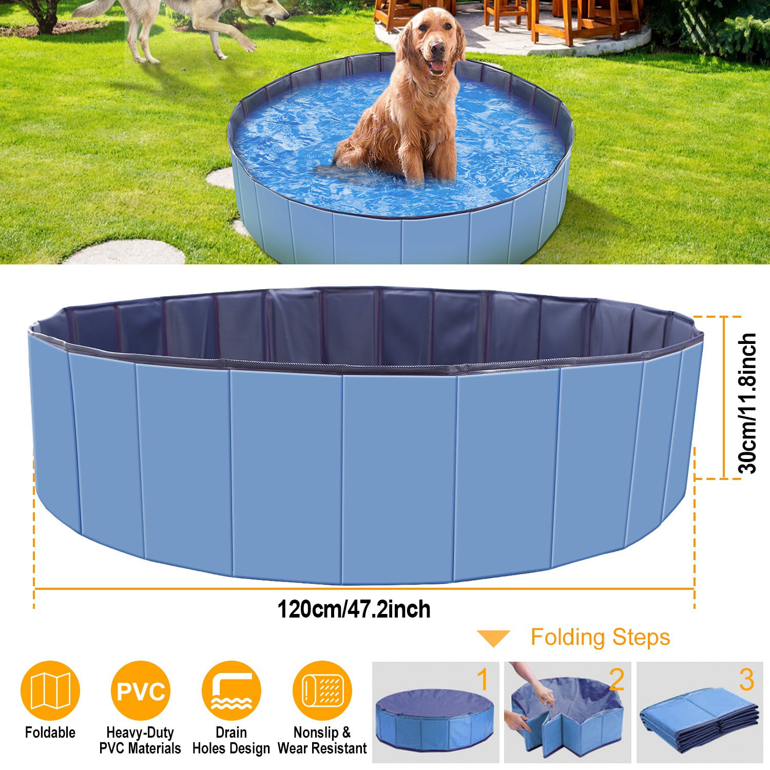 Kocaso Foldable Dog Pet Bath Pool, Collapsible Dog Pet Pool Bathing Tub Pool, Blue - image 1 of 7