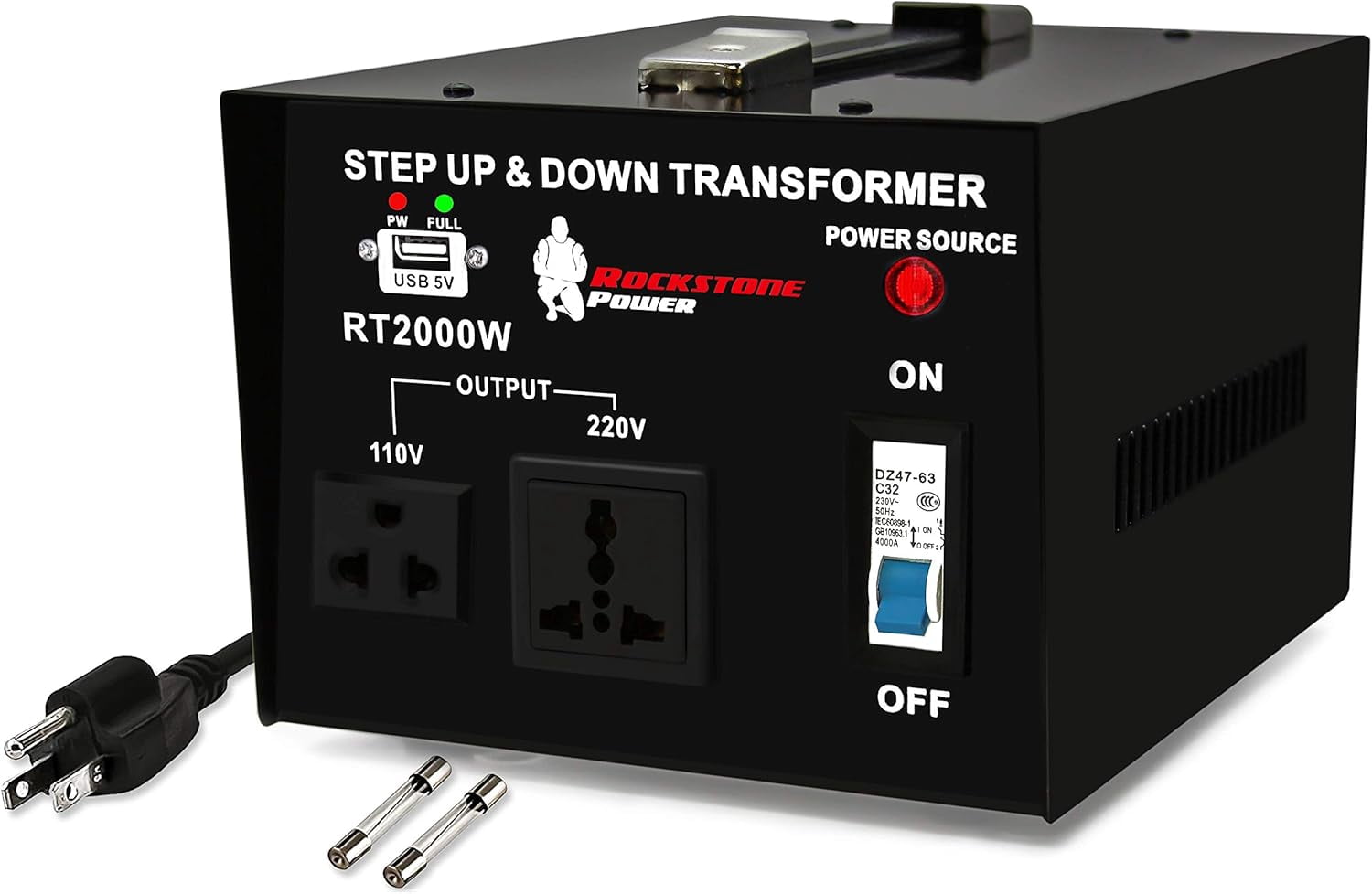 Kocbelle 2000 Watt Voltage Converter Transformer - Heavy Duty Step Up/Down AC 110V/120V/220V/240V Power Converter - Circuit Breaker Protection  DC 5V USB Port - CE Certified [3-Year Warranty]