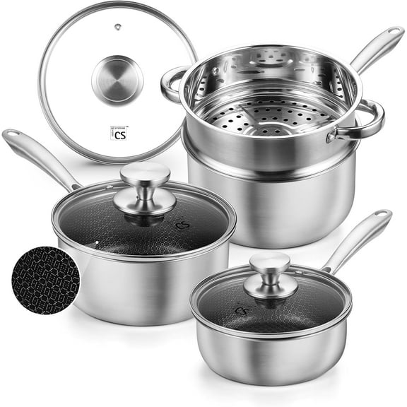 Koch Systeme CS 1 & 2 & 3 Quart Saucepan Set with Lids & Steamer Basket, Etched Heat Indicator, Even Heating