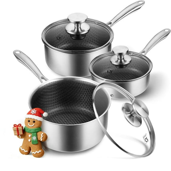 Koch Systeme CS 1&2&3QT Tri-Ply Nonstick Hybrid Stainless Steel Saucepan, 6-Piece Saucepan Set with Honeycomb Interior, Dishwasher & Oven Safe
