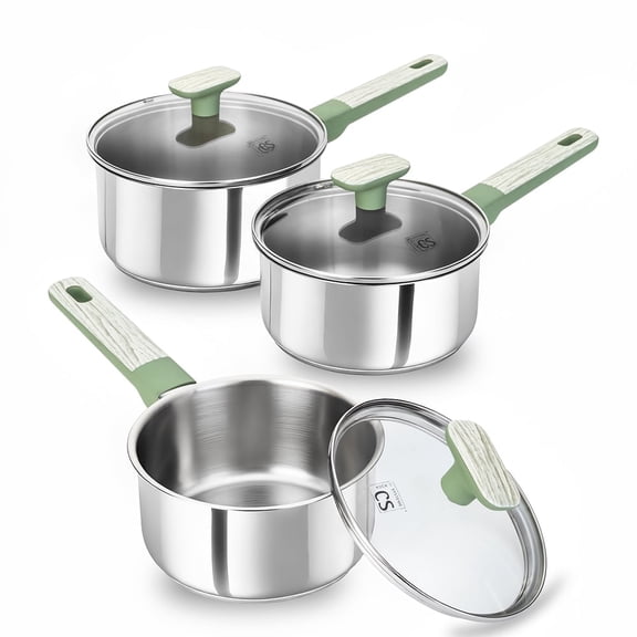 Koch Systeme CS 1.5 & 2 & 3 QT Stainless Steel Saucepan Set with Lids, Vibrant Green Bakelite Handle, Induction Compatible, Easy to Clean
