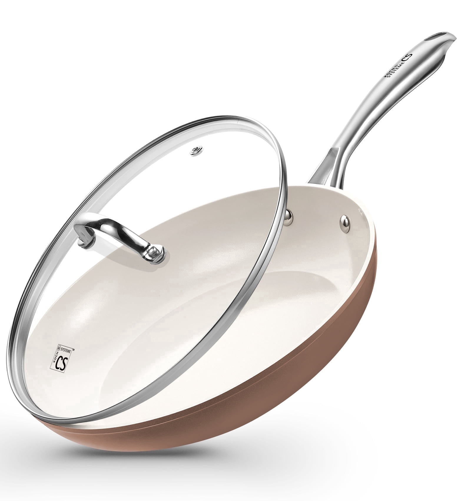 Koch Systeme CS 10 inch Ceramic Non-Stick Frying Pan with Lid，Stainless Steel Handle, Oven and Dishwasher Safe, Brown