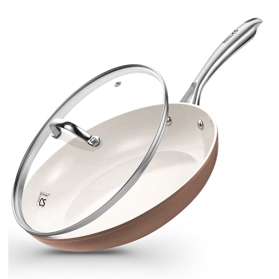 Koch Systeme CS 10 inch Ceramic Non-Stick Frying Pan with Lid,Stainless Steel Handle, Oven and Dishwasher Safe, Brown