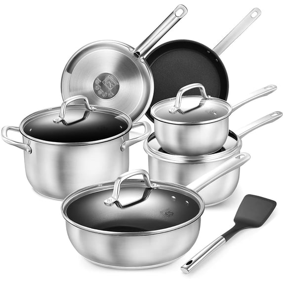 Koch Systeme CS 10-Piece Stainless Steel Cookware Set, Nonstick Coating Pots and Pans Set, Induction Compatible Kitchen Cookware Set, Dishwasher Safe