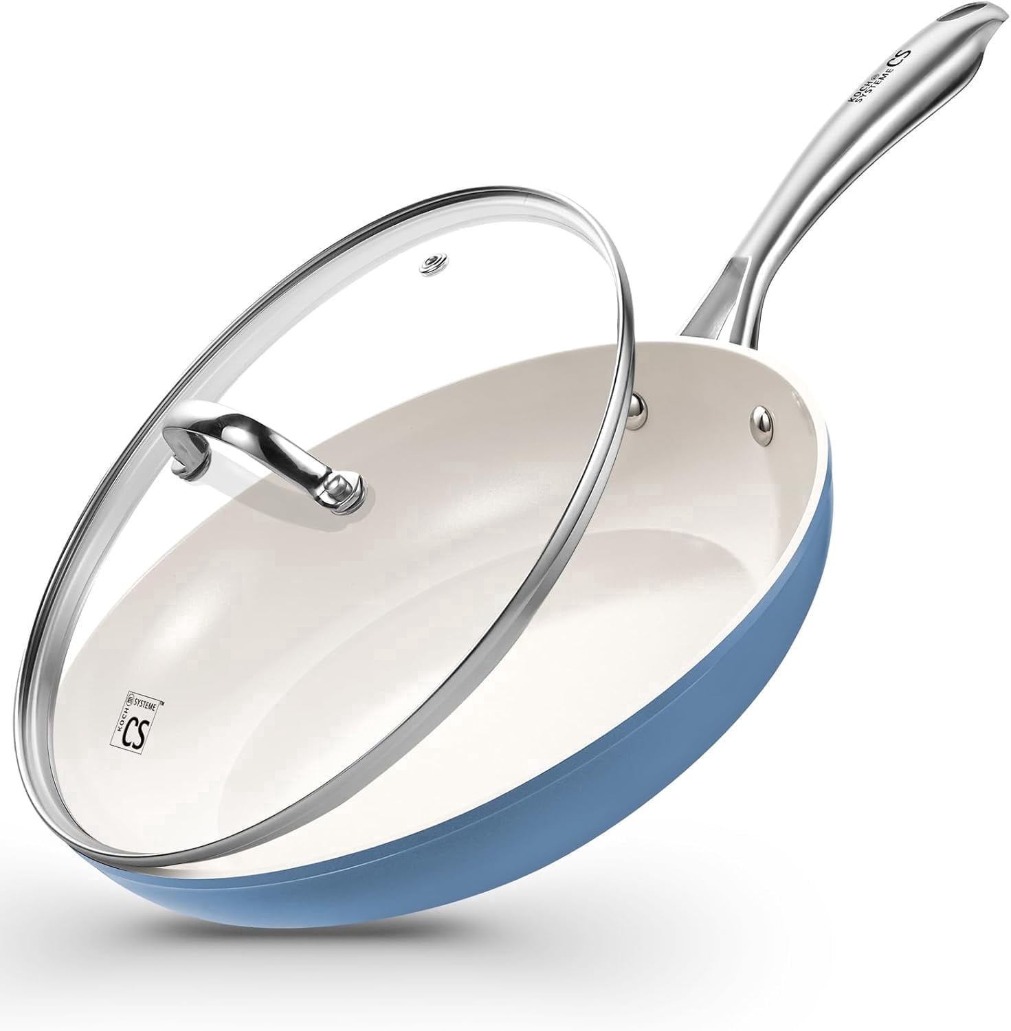 Koch Systeme CS 10 inch Ceramic Coating Frying Pan with Lid, Nonstick Skillets with Stainless Steel Handle, Even Heat, Oven and Dishwasher Safe, Blue