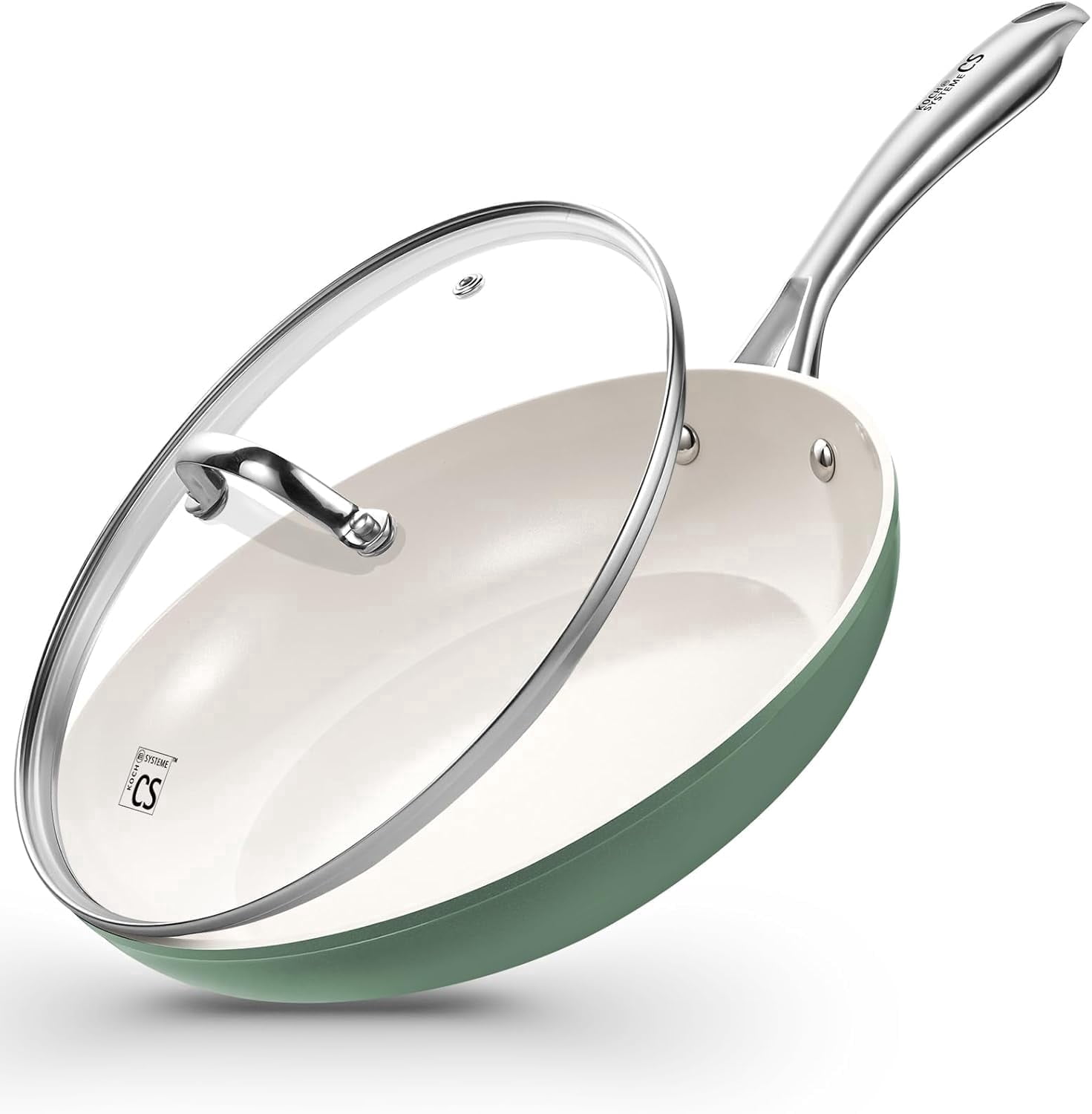 Koch Systeme CS 10 inch Ceramic Non-Stick Frying Pan with Lid, Steel Handle, Oven and Dishwasher Safe, Even Heating, Suitable For All Stoves, Green
