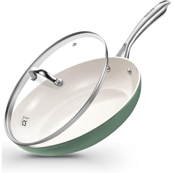 Koch Systeme CS 10 inch Ceramic Non-Stick Frying Pan with Lid, Steel Handle, Oven and Dishwasher Safe, Even Heating, Suitable For All Stoves, Green