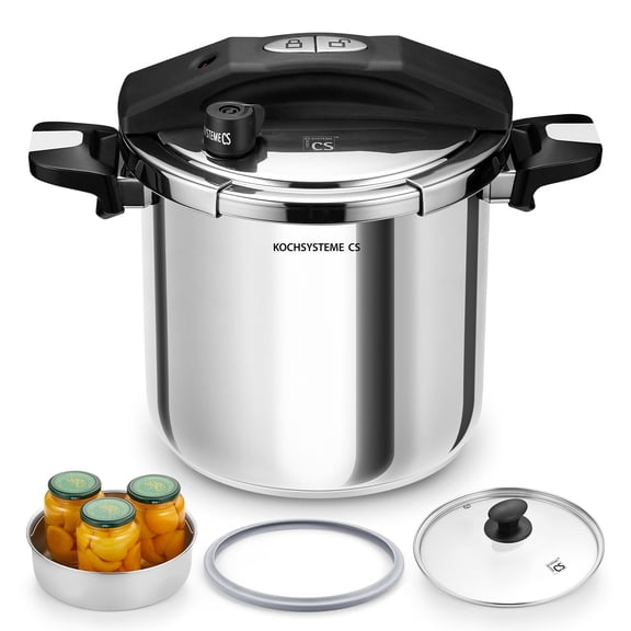 Koch Systeme CS 10.5 Quart Stainless Steel Stovetop Pressure Cooker with Glass Lid & Steamer Basket, Induction Compatible, Silver