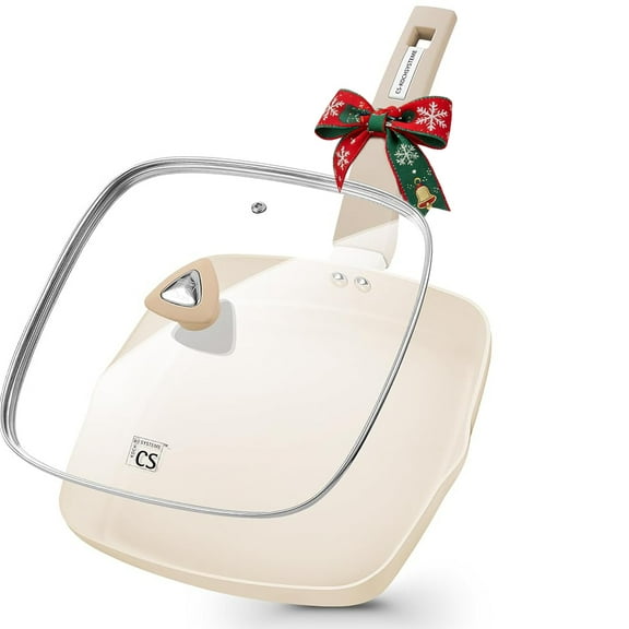 Koch Systeme CS 11-inch Nonstick Grill Pan, Easy-Clean Square Skillet with Stay-Cool Handle, Dishwasher Safe Griddle Pan for Stovetop, Creamy White