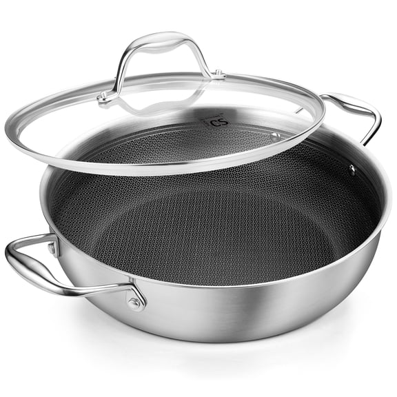 Koch Systeme CS 12" Deep Frying Pan with Lid - Double Ear Handles, Etched Heat Indicators, Even Heating, German Engineered Cookware