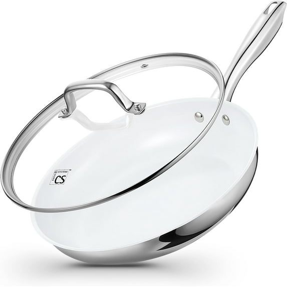 Koch Systeme CS 12-Inch Stainless Steel White Ceramic Nonstick Frying Pan with Glass Lid, Dishwasher Safe & Eco-Friendly
