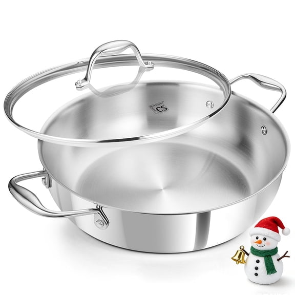 Koch Systeme CS 12 inch Tri-Ply Stainless Steel Saute Pan with Lid, Large Deep Frying Pan, Induction Ready, Oven Safe