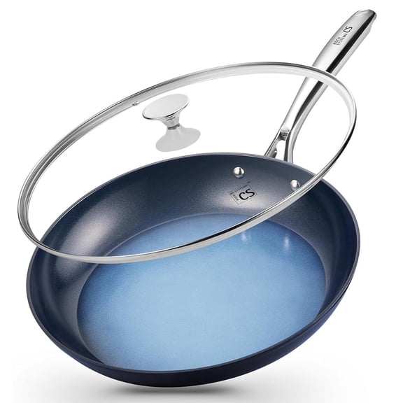 Koch Systeme CS 14 inch Ceramic Nonstick Frying Pan with Lid, Large Skillet for Family & Commercial Cooking, Oven & Induction Compatible, Blue