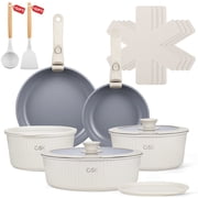Koch Systeme CS 17-Piece Nonstick Cookware Set with Detachable Handle, Induction Kitchen Pots and Pans Set, Cream White