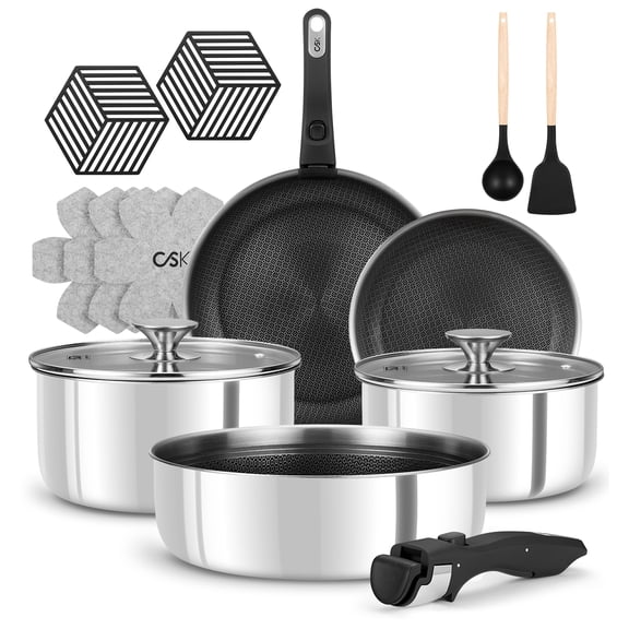 Koch Systeme CS 17-Piece Hybrid Stainless Steel Cookware Set with Removable Handles, Space-Saving Detachable Handle System