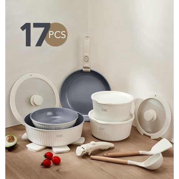 Koch Systeme CS 17-Piece Nonstick Cookware Set with Removable Handles, Nonstick Pots and Pans Set for Kitchen & Cooking, Dishwasher and Oven Safe