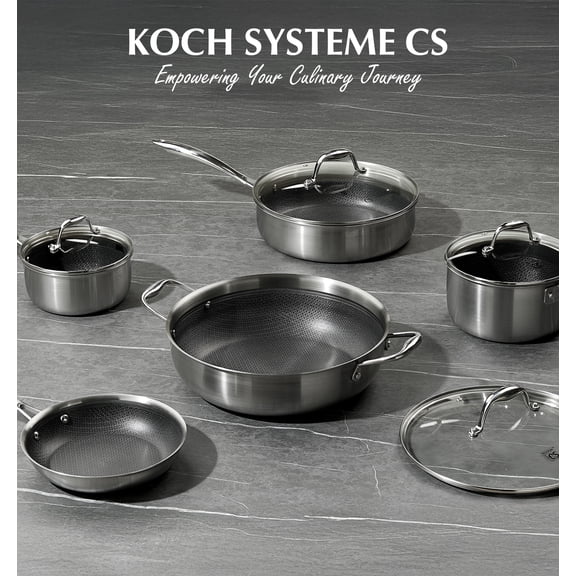 Koch Systeme CS 17-Piece Stainless Steel Cookware Set, Induction Compatible Pots and Pans with Removable Handle, Non-Stick Kitchen Set with Glass Lids and Silicone Utensils