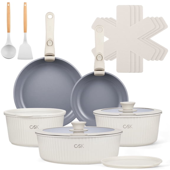 Koch Systeme CS 17-Piece Pots and Pans Set Non Stick, Nonstick Ceramic Cookware Set Detachable Handle, Induction Kitchen Pot and Pan Set, Non Stick with Removable Handle, RV Cookware Set, Cream White