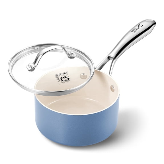 Koch Systeme CS 1QT Nonstick Saucepan with Lid - Non-Toxic Ceramic Milk Pot for Boiling, Melting, Small Servings, Easy Clean, Blue