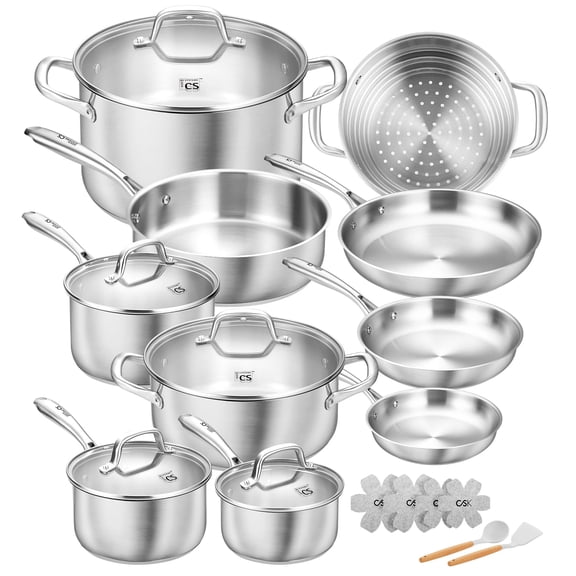 Koch Systeme CS 21-Piece Premium Stainless Steel Cookware Set – Induction Compatible, Oven Safe, with Silicone Utensils & Felt Pot Protectors