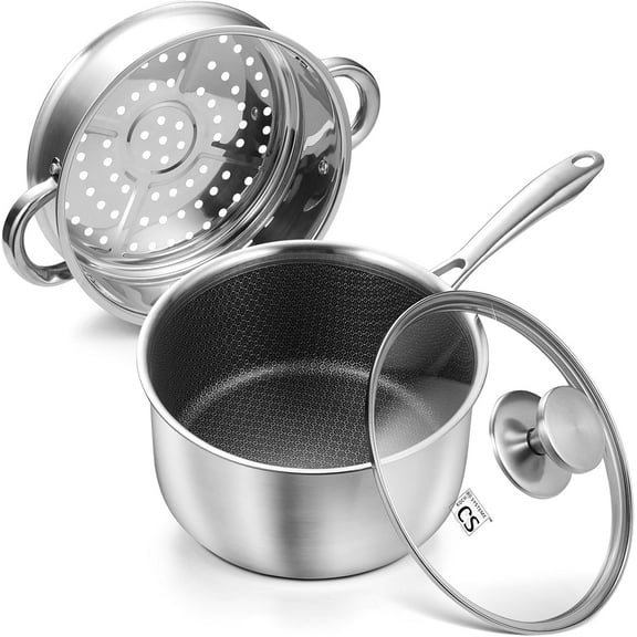 Koch Systeme CS 2QT Hybrid Nonstick Stainless Steel Sauce Pan with Steamer Insert & Lid, Honeycomb Interior, Induction & Oven Safe