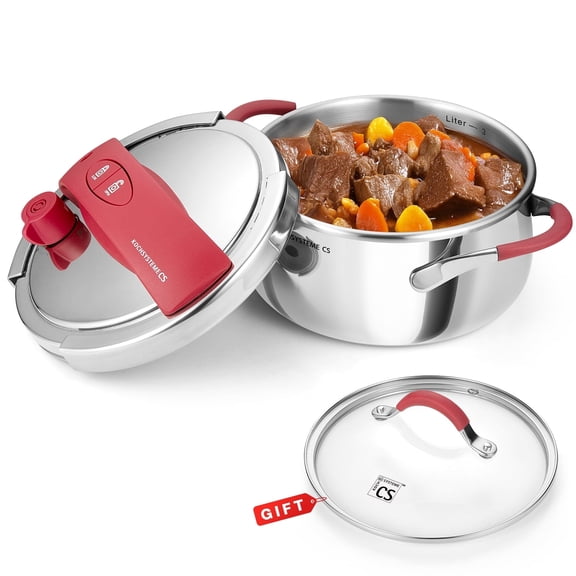 Koch Systeme CS 3.2 Quart Small Stainless Steel Pressure Cooker, Olla de Presion, 18/10 Stainless Steel Pressure Cooker with Glass Lid, One-Hand Locking, Stovetop Compatible