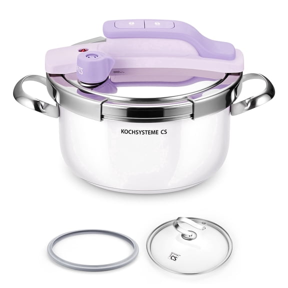Koch Systeme CS Small Pressure Cooker Stainless Steel, 3.2 Quart Olla de Presion, One-Press Locking, 18/10 Stainless Steel Pressure Cooker, Induction Compatible, with Glass Lid, Purple