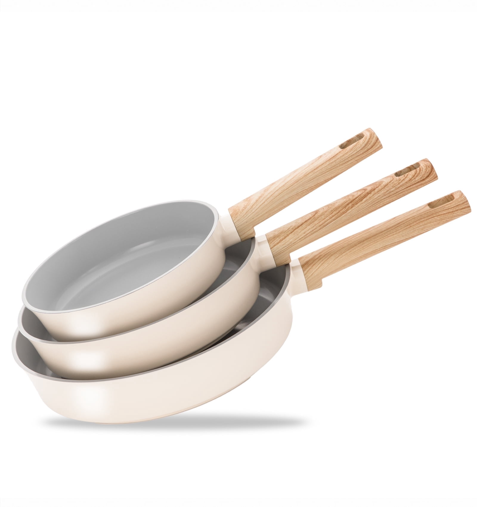 Koch Systeme CS 3-Piece Nonstick Aluminum Frying Pan Set - 8+9.5+11 inch, Induction Compatible Skillet Set, Dishwasher Safe, Cream White