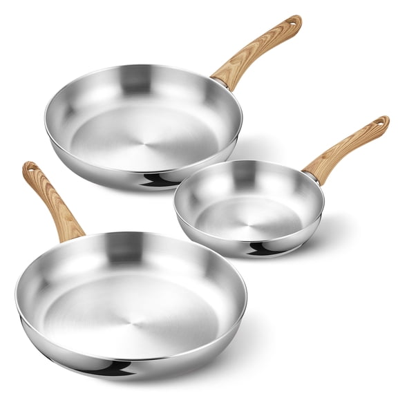 Koch Systeme CS 3-Piece Stainless Steel Frying Pan Set with Bakelite Handle, Tri-Ply Bottom Skillet Set - 8, 10 & 12 inch, Induction Compatible, Oven & Dishwasher Safe